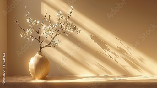   A vase filled with flowers sits on a table beside a wall casting a shadow