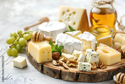 Assorted cheese platter with honey and nuts