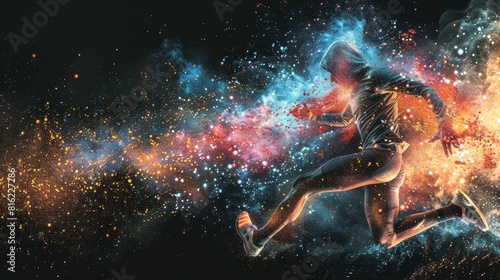 Abstract color splash runner on black background  with colorful particle explosion