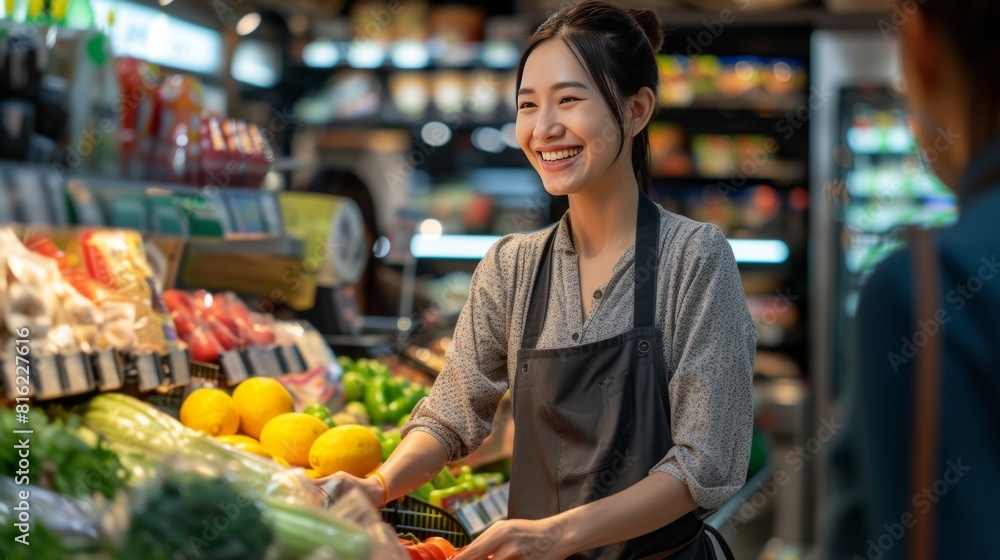 Employee worker working on foot stand in a grocery store. Employee worker working on foot stand in a grocery store.
