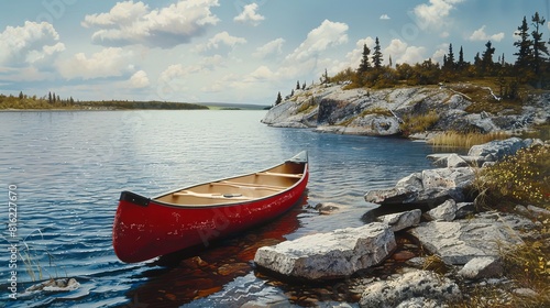 A red canoe rests on a rocky shore by a calm blue lake. photo