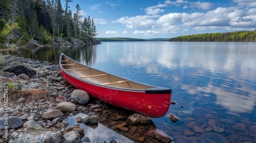 A red canoe rests on a rocky shore by a calm blue lake. photo