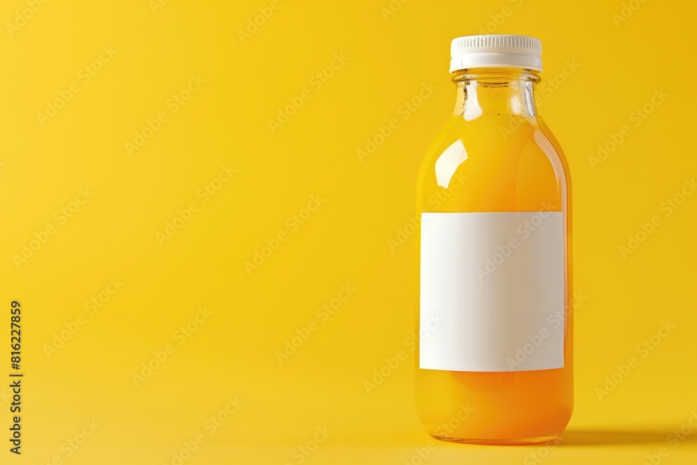 Juicy Citrus Refreshment: Orange Juice in Glass Bottle on Orange Background Juicy Citrus Refreshment: Orange Juice in Glass Bottle on Orange Background