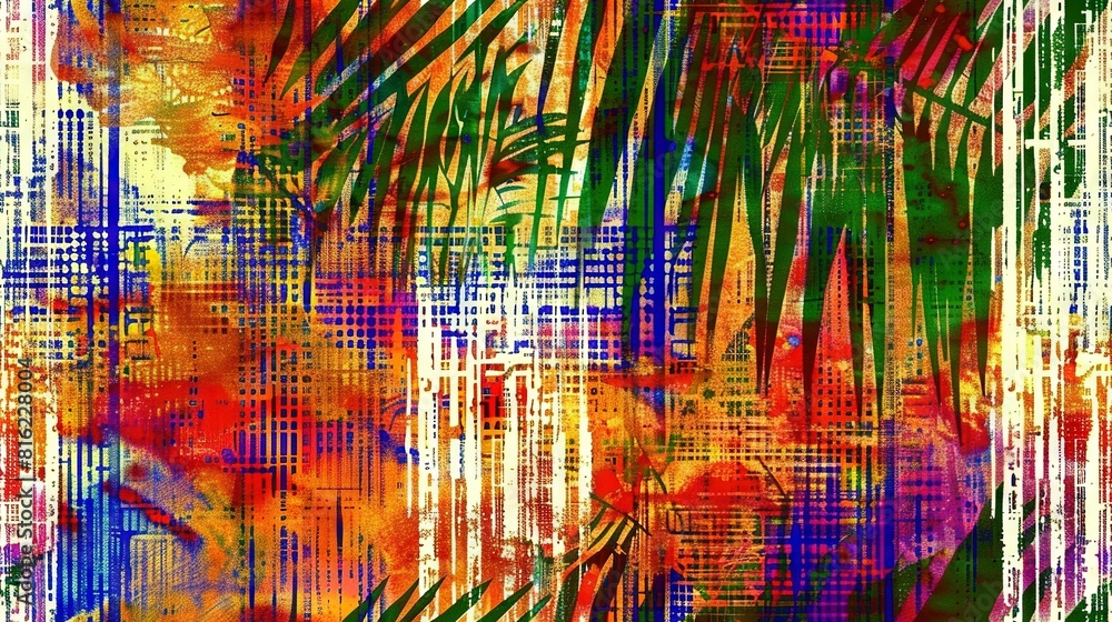 Naklejka premium A vibrant portrayal of a female visage, adorned with verdant palm fronds on one side