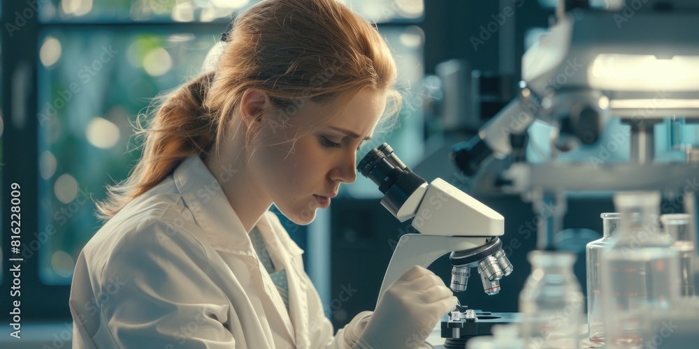 A woman wearing a white lab coat is looking through a microscope A woman wearing a white lab coat is looking through a microscope