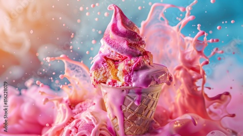Delicious ice cream explosion on blue background