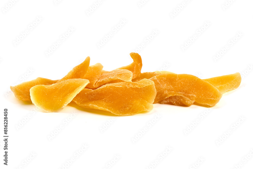 Dried mango pieces, isolated on white background Dried mango pieces, isolated on white background