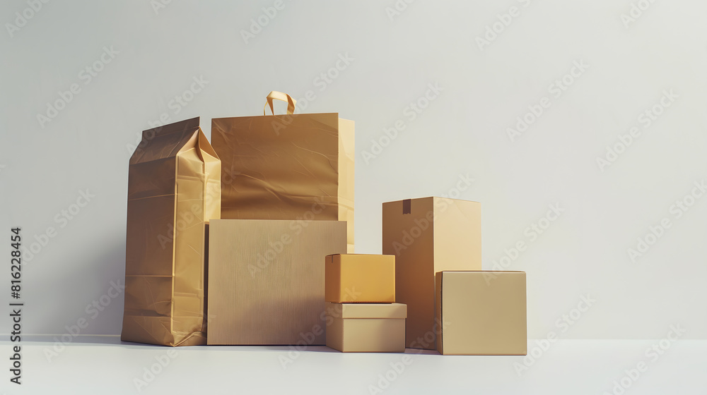 Cardboard boxes and paper bag isolated on white : Generative AI Cardboard boxes and paper bag isolated on white : Generative AI