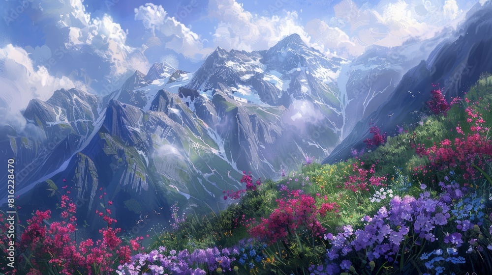 A panoramic view of vibrant flowers blooming in the mountains.
A panoramic view of vibrant flowers blooming in the mountains.