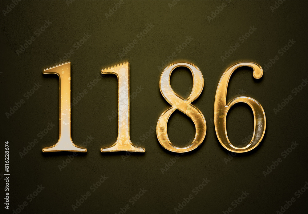 Old gold effect of 1186 number with 3D glossy style Mockup. Old gold effect of 1186 number with 3D glossy style Mockup.