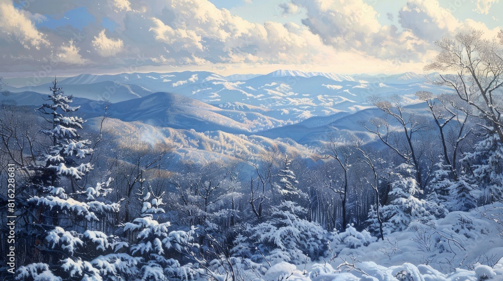 Fototapeta premium A picturesque view of the Blue Ridge Mountains covered in snow.