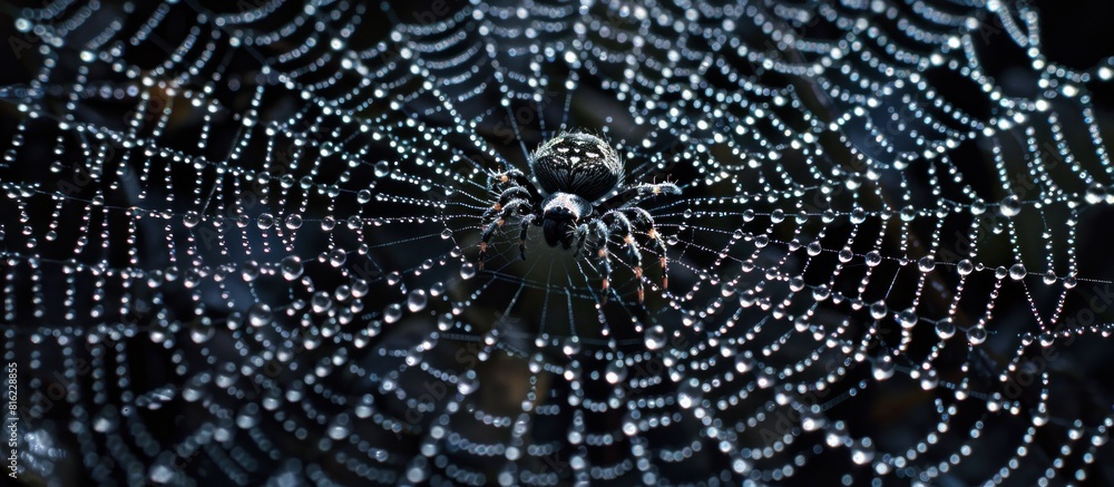 Spider sitting on dewy web