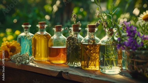 Bottles of herbal tinctures or infusions placed on a wooden table, emphasizing health and healing.

 photo