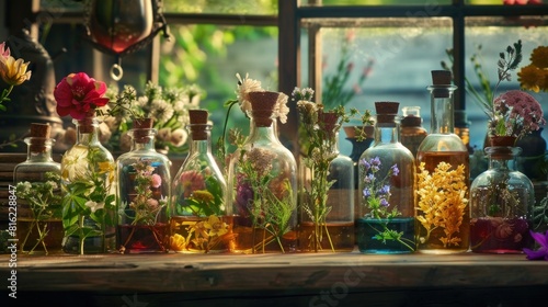 Bottles of herbal tinctures or infusions placed on a wooden table, emphasizing health and healing.