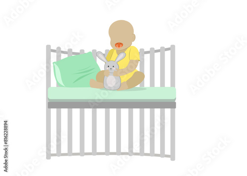 Baby sitting in wooden crib vector flat illustration. Baby with pacifier and bunny toy in wooden grey crib. Gender neutral vector layered illustration.