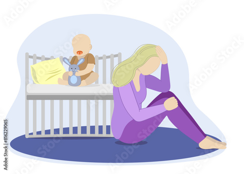 Postpartum depression flat vector illustration. Postpartium depression upset, sad blond hair mother crying at baby crib, depressed desperate mom tired woman after pregnancy.