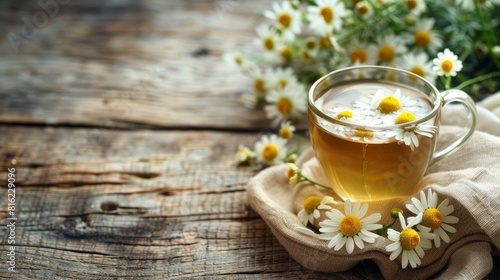 Chamomile herbal tea in a cup, surrounded by flower buds, on a wooden table with a textile and a chamomile bouquet.