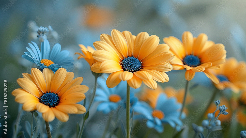Beautiful field is adorned with an array of vibrant yellow and blue flowers Beautiful field is adorned with an array of vibrant yellow and blue flowers
