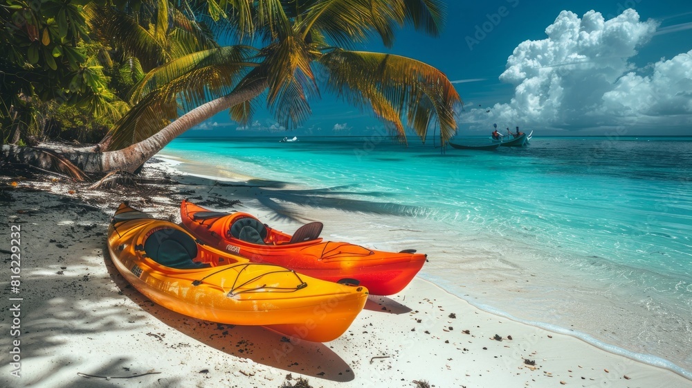 Brightly colored kayaks lined up on a tropical beach.
Brightly colored kayaks lined up on a tropical beach.