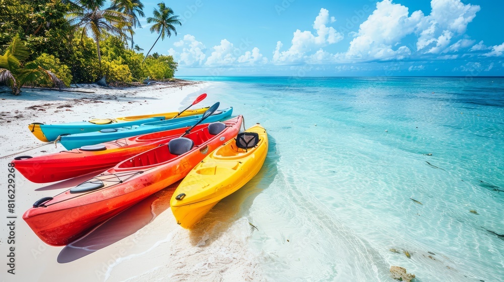 Brightly colored kayaks lined up on a tropical beach.
Brightly colored kayaks lined up on a tropical beach.