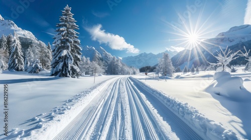 A scenic view of a cross-country skiing track in the mountains on a bright, sunny day.