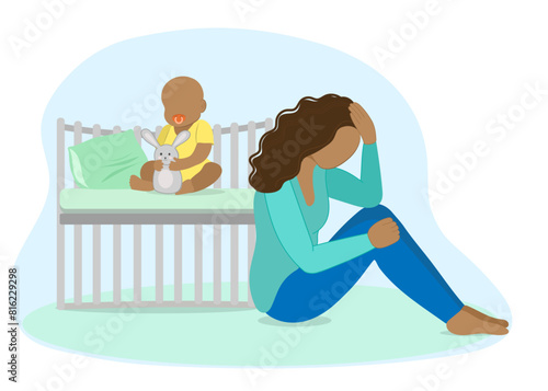 Postpartum depression African American mom flat vector illustration. Postpartium depression upset, sad mother crying at baby crib, depressed desperate mom tired woman.