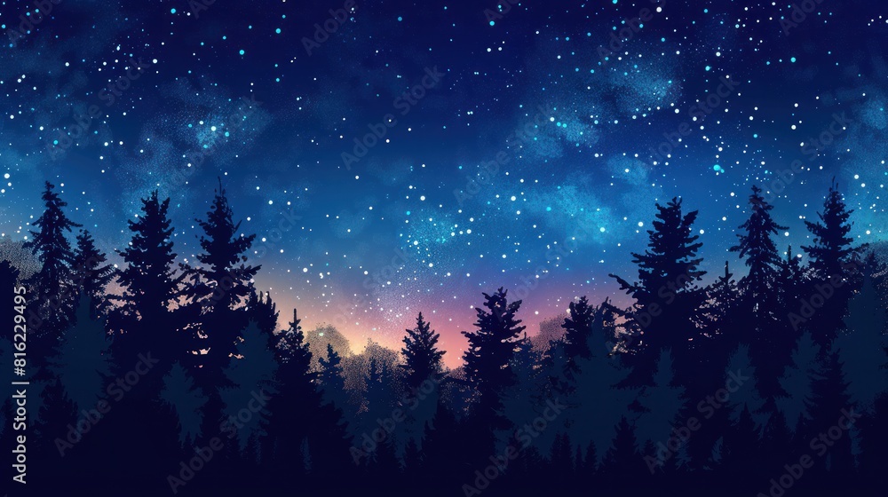 A night scene with a dark sky filled with glowing stars above the silhouettes of tall forest trees.
A night scene with a dark sky filled with glowing stars above the silhouettes of tall forest trees.