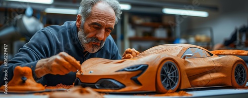 Sculptor refining details on a sports car model photo