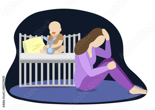 Postpartum depression flat vector illustration. Postpartium depression upset, sad brown hair mother crying at baby crib, depressed desperate mom tired woman after pregnancy.
