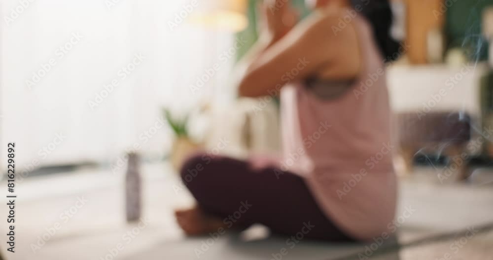 Woman, peace and yoga with pose in home for stress reduction or self care, mindfulness and relaxation. Girl, calm with blur and meditation in house for mental wellness and breathing exercises. Woman, peace and yoga with pose in home for stress reduction or self care, mindfulness and relaxation. Girl, calm with blur and meditation in house for mental wellness and breathing exercises.