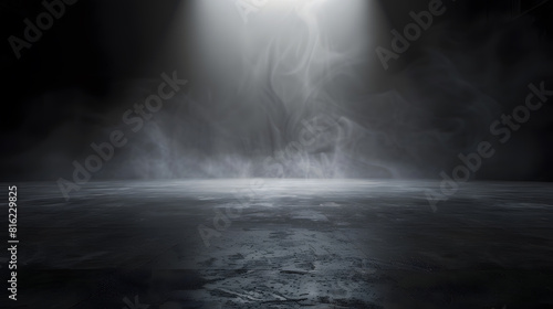 Abstract image of dark room concrete floor Black room or stage background for product placementPanoramic view of the abstract fog White cloudiness mist or smog moves on black backgroun   Generative AI