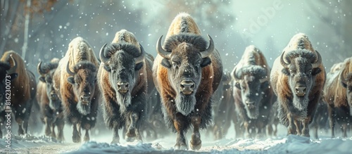 Bison herd migrating through snow photo