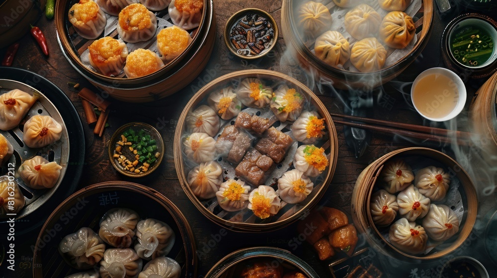 Hot and smoky Dim Sum steamed buns served in a bamboo steamer Hot and smoky Dim Sum steamed buns served in a bamboo steamer