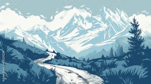 Hand-drawn hiking road in an alpine rocky mountain landscape.