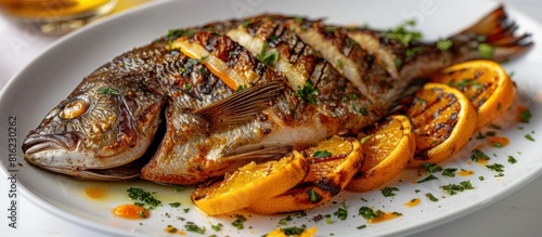 Grilled fish with orange slices on plate