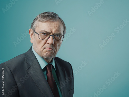 Unhappy unsuccessful old CEO executive business owner man, isolated on a blue background. Grumpy and angry expression. Senior person, in a suit and tie.