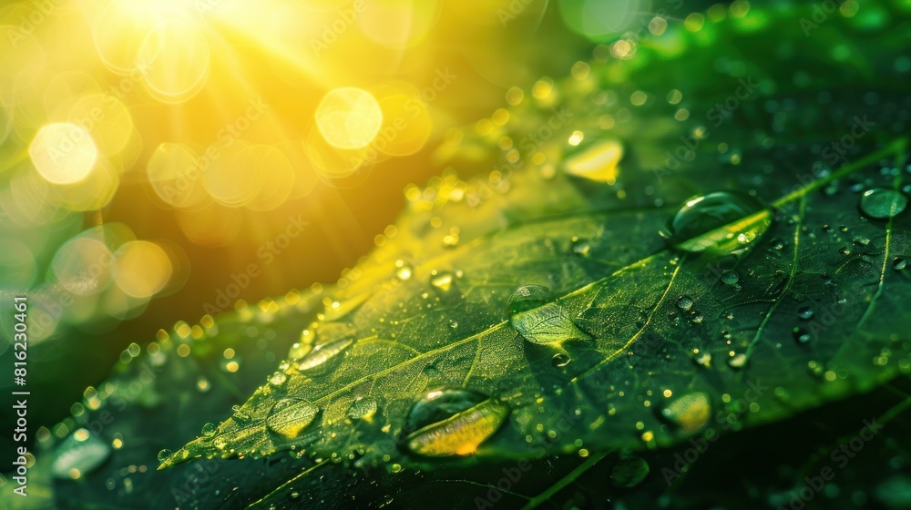 Macro shot of rain droplets on a green leaf. Macro shot of rain droplets on a green leaf.
