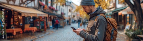 A traveler using a smartphone GPS to navigate a footpath in a small town, with local shops and cafes visible in the background