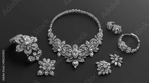 Create a detailed design for a complete diamond jewelry set, comprising a necklace, bracelet, earrings, and ring, with intricate diamond embellishments and elegant craftsmanship. 