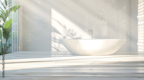 blurred inside of interior luxury modern bathroom in the morning background with white wood tabletop for show promote ads and design product on display concept   Generative AI