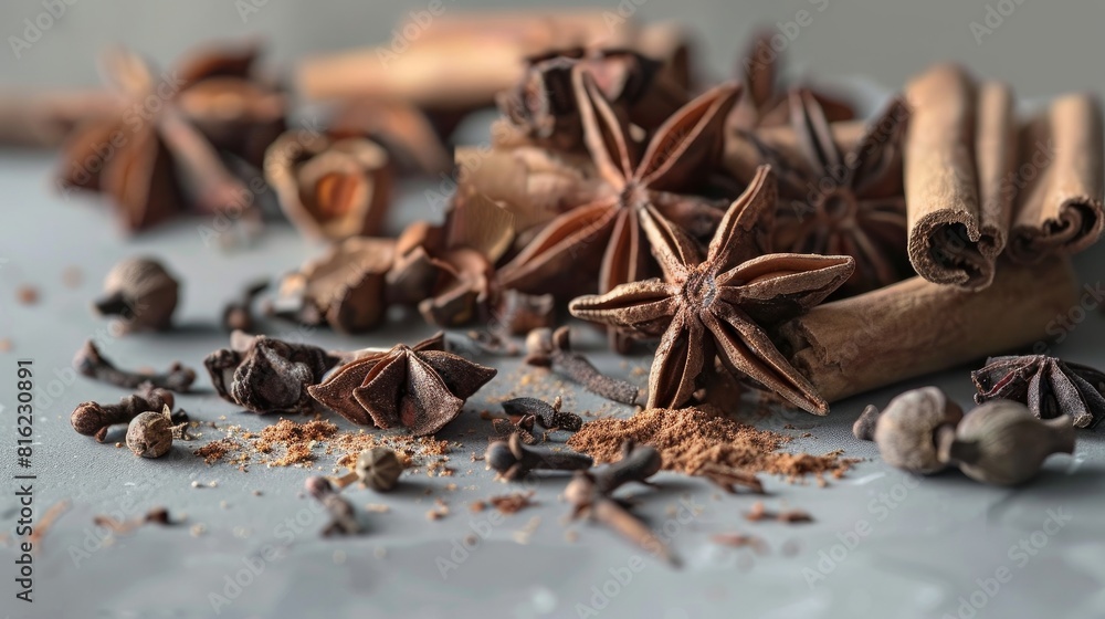 Close-up of cinnamon sticks, cloves, and star anise on gray. Close-up of cinnamon sticks, cloves, and star anise on gray.