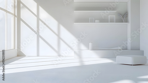 modern minimalistic cozy white home interior background white wall with shelves and design wall and floor sunlight beams from window and shadows white background with spotlights : Generative AI