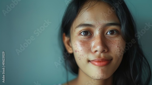Close-up portrait of a young Asian woman with acne. Studio shot with a teal background.