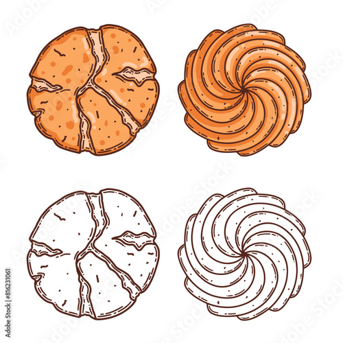 Oat cookie, shortbread vector coloring page for coloring book.  Bake sweet dessert product for breakfast or lunch, hand drawn sketch