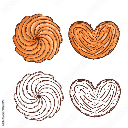 Sugar puff pastry, shortbread vector coloring page for coloring book.  Bake sweet dessert product for breakfast or lunch, hand drawn sketch