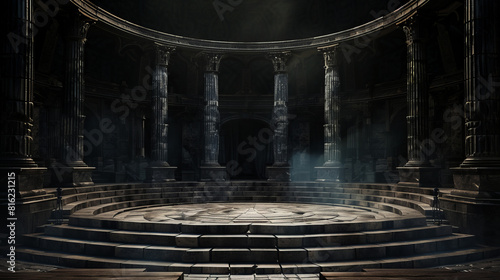 A dark ancient Greek-style interior