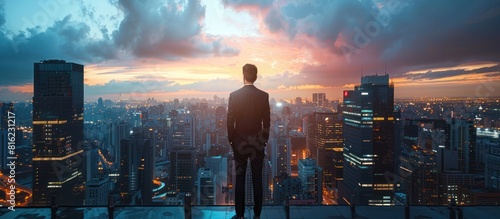 A businessman in an elegant suit stands on a rooftop  gazing at the cityscape below.