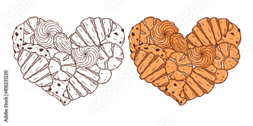 Oat cookie, puff pastry, croissant vector coloring page for coloring book. Love for bake sweet dessert product. Heart shape