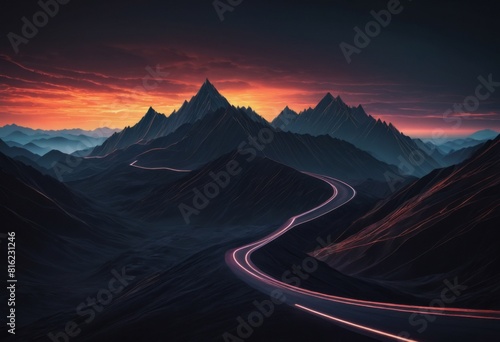 Grainy background, futuristic sunset in the mountains