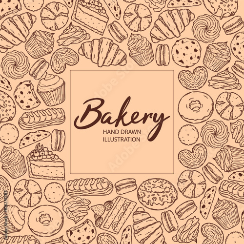 Vector backery and confectionery template. Hand drawn donuts, cupcakes, macarons, croissant cookies and other sweets